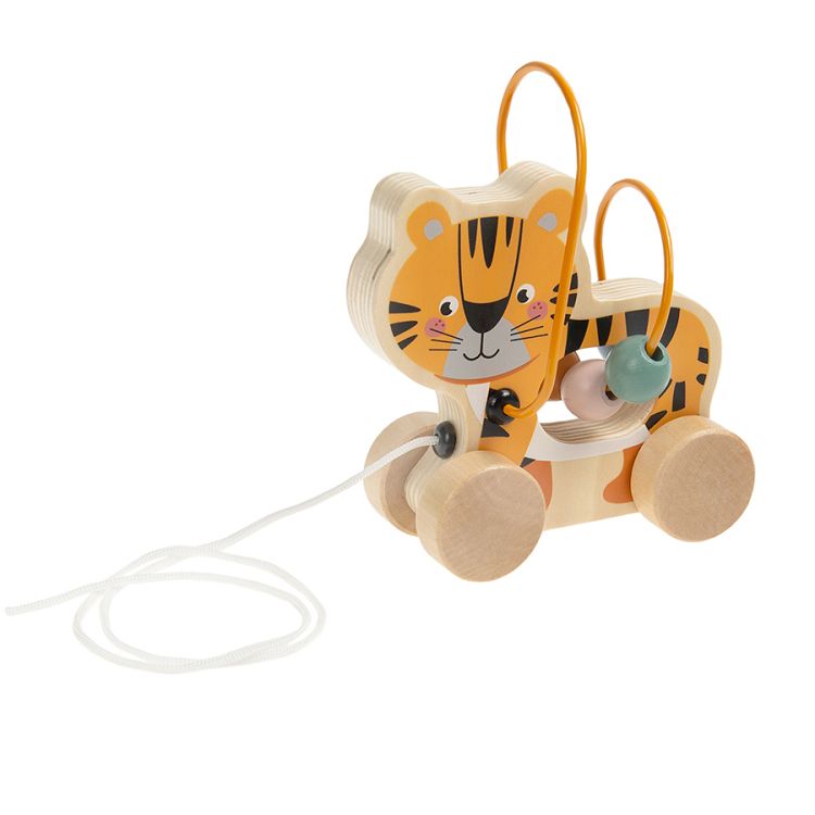 Wooden tiger with wheels and marbles