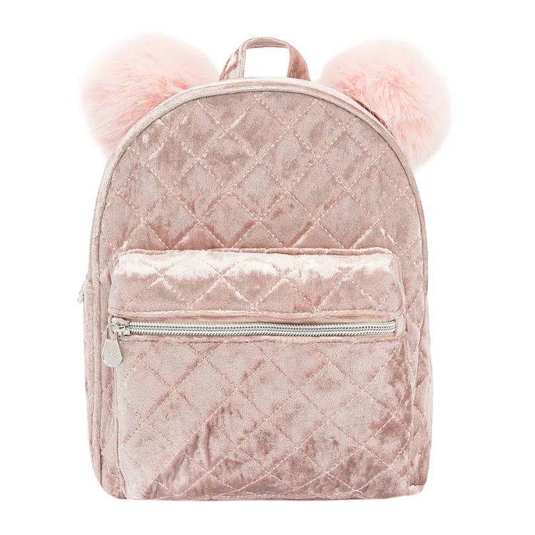 Pink backpack with pompoms