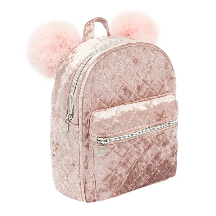 Pink backpack with pompoms