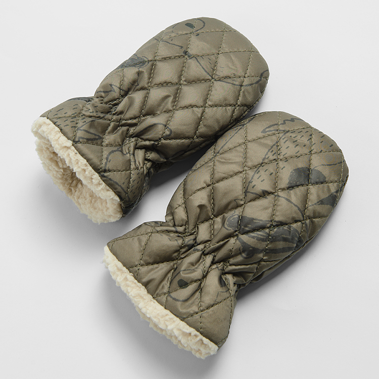 Σετ σκούφος με γάντια πράσινο καπιτονέ με fleece επένδυση και διακριτική στάμπα ρακούν