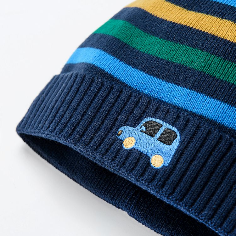 Striped cap with pom pom