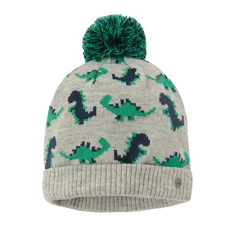 Grey cap with green dinosaurs print and pom pom