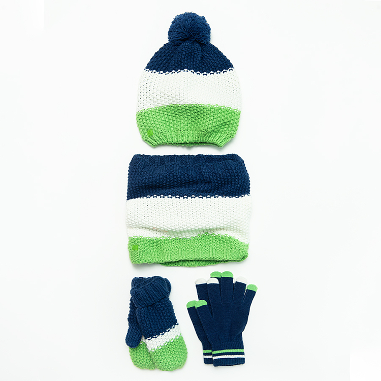Fluo green, white and blue cap with pom pom