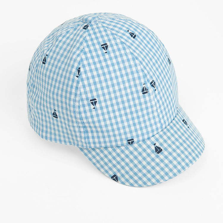 Blue and white checkered jockey hat with small sailing boats print