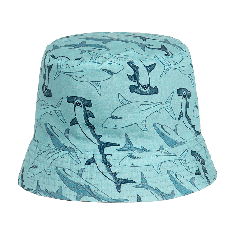 Blue and light blue with sharks print reversible hat