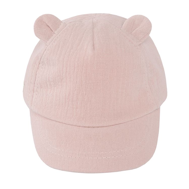 Pink jockey cap with bow on the elastic band and small ears on top