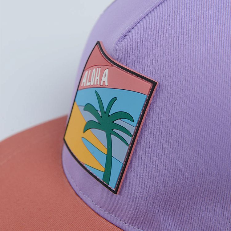 Lilac jockey cap with palm tree and ALOHA print