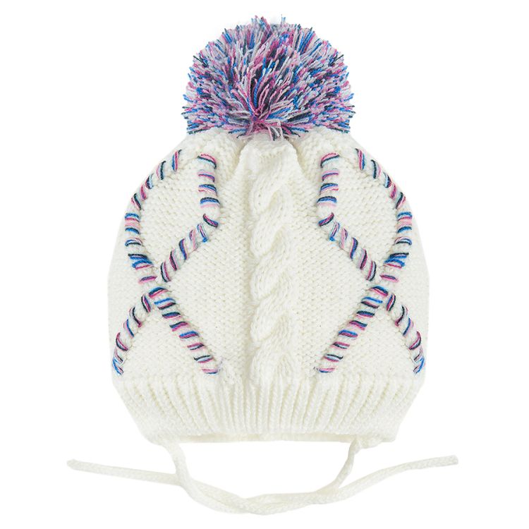 White with blue and pink braids cap and pom pom
