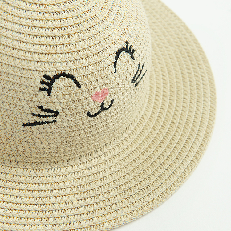 Beige straw hat with kitten face print