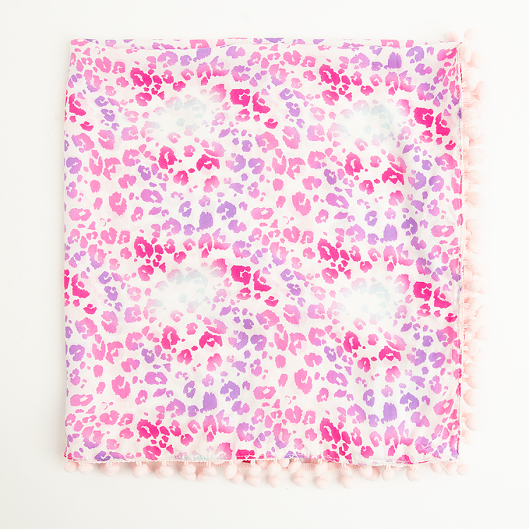 Μαντήλι λευκό με pom pom και ροζ animal print