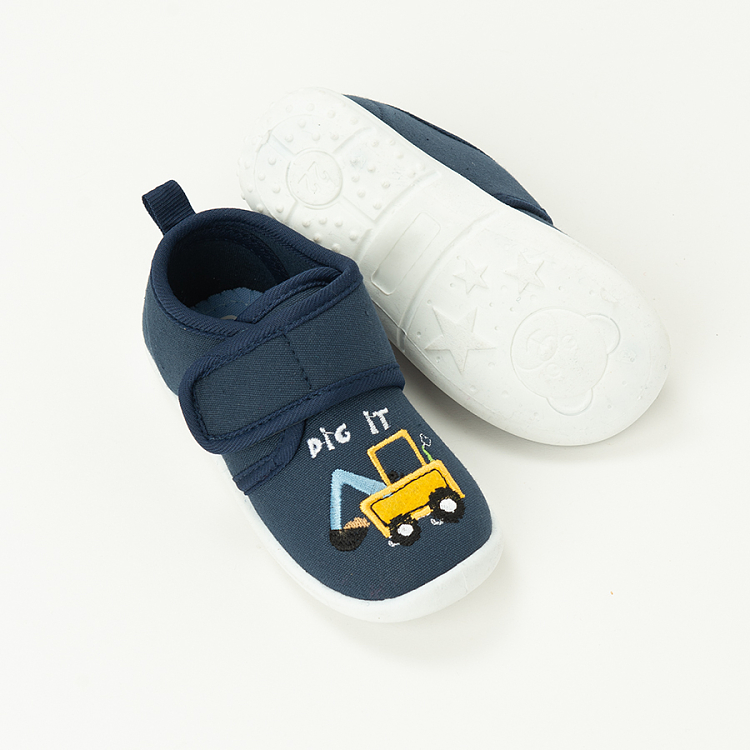 Blue slip on slippers with truck print