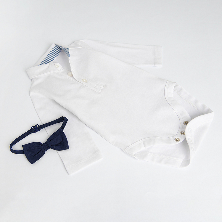White long sleeve polo bodysuit with blue bow tie