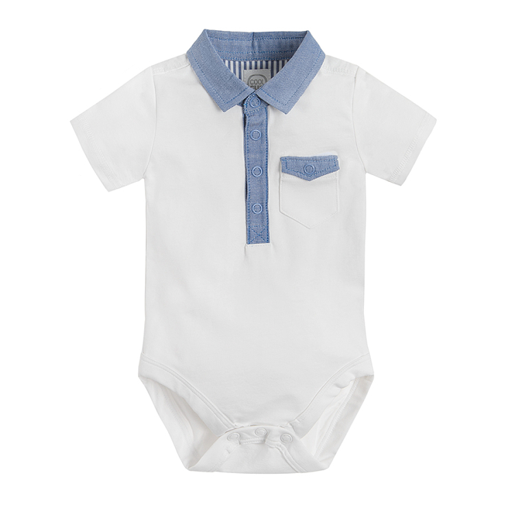 White with denim details polo short sleeve bodysuit and chest pocket