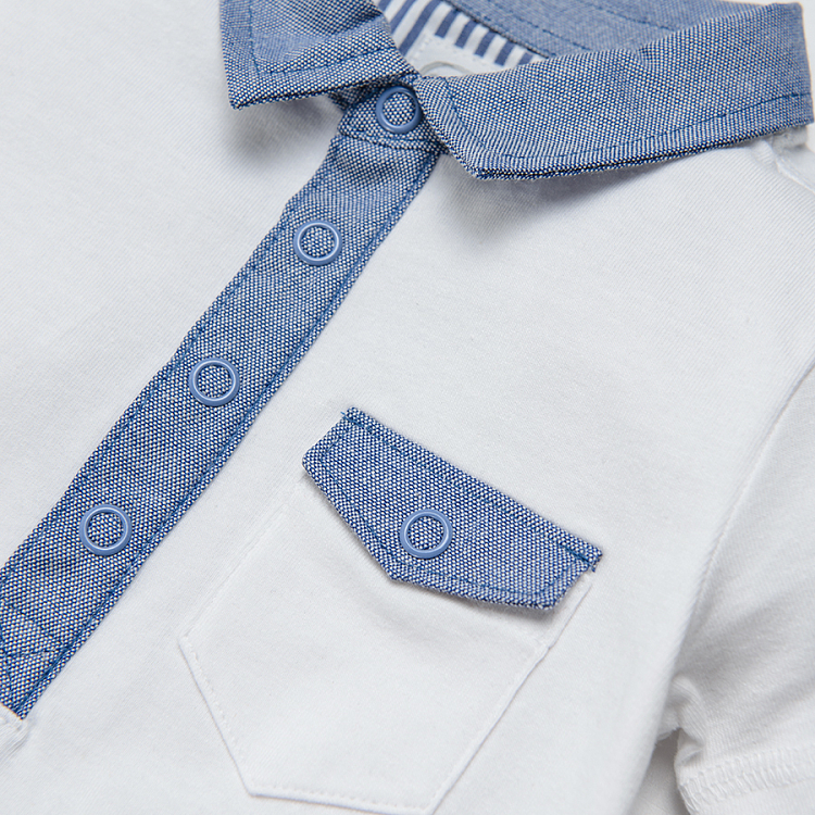 White with denim details polo short sleeve bodysuit and chest pocket