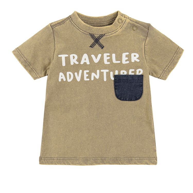 Short sleeve blouse traveler adventurer print jogging pants and suspenders clothing set