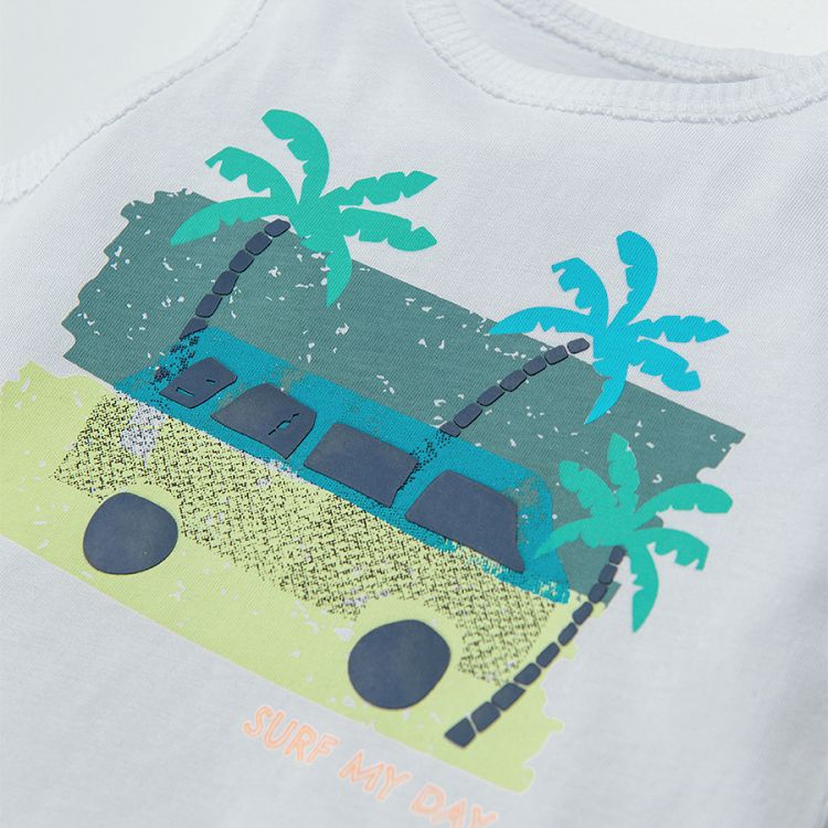 Sleeveless blouse with bus and palm trees