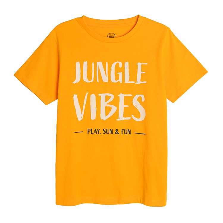 Yellow short sleeve blouse with JUNGLE VIBES print