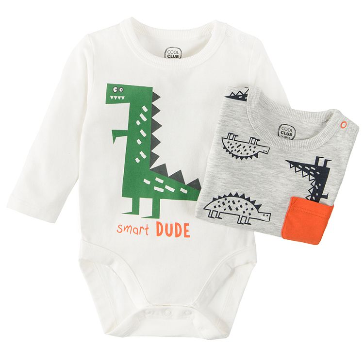 White and grey with dinosaurs print long sleeve bodysuits 2 pack