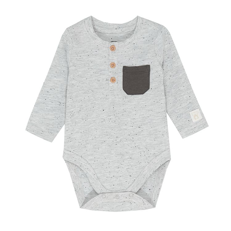 Grey long sleeve bodysuit with chest pocket and buttons on the shoulder