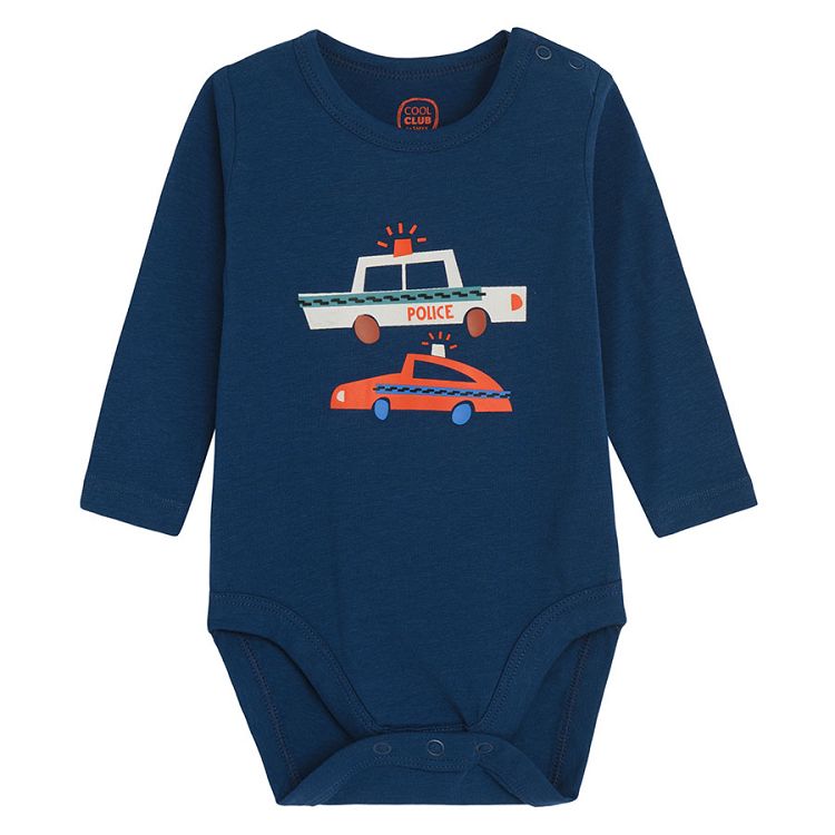 Blue long sleeve bodysuit with police cars print