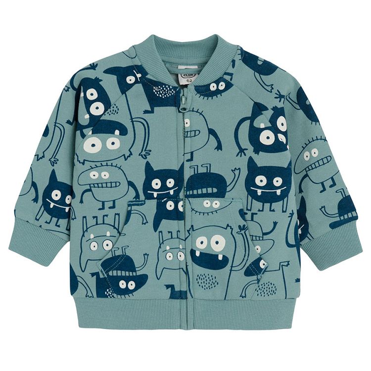 Light blue zip through sweatshirt with monsters print