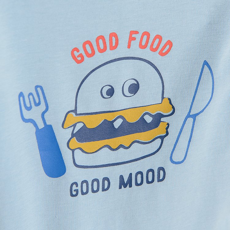 Light blue long sleeve bodysuit with happy burger print