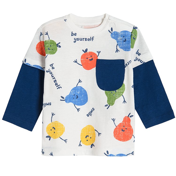 White T-shirt with happy fruits print blue long sleeves and organge jogging pants