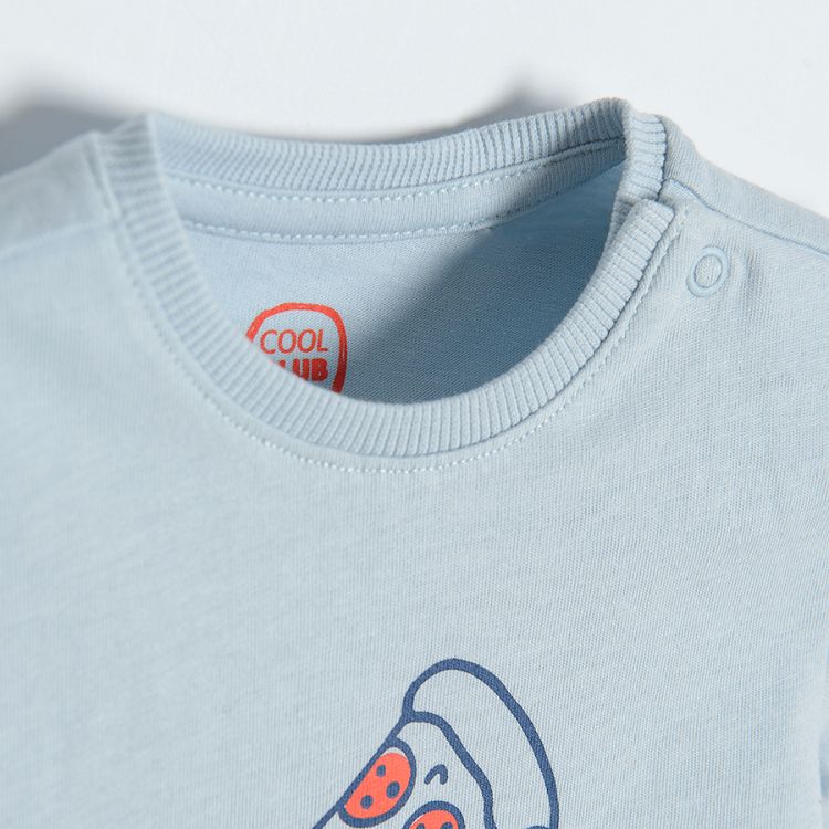 Light blue short sleeve T-shirt with pizza truck print