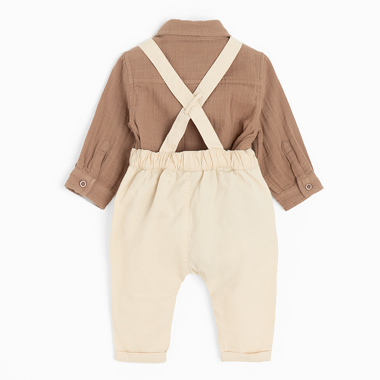 Brown bodysuit with bow tie and ecru pants with suspenders