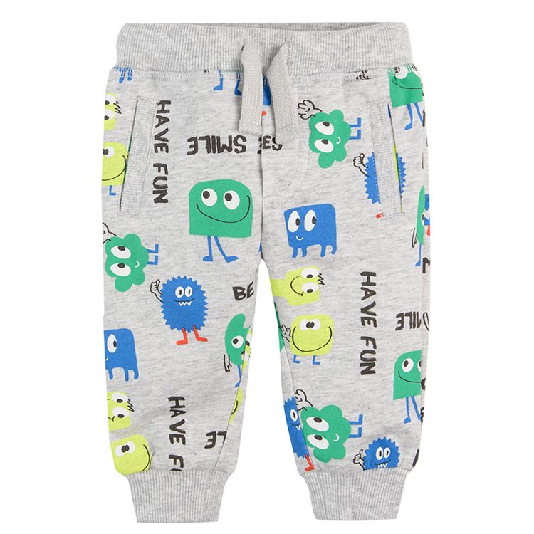 Grey melange jogging pants with happy creatures print and adjustable waist