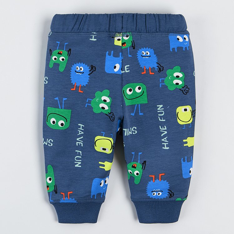 Navy blue jogging pants with happy creatures