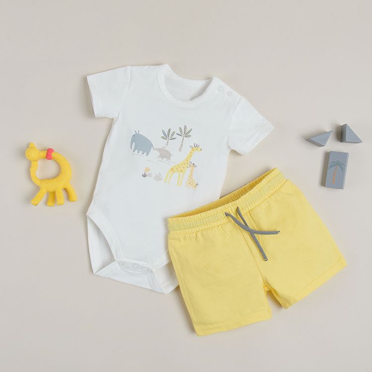 White short sleeve bodysuit with wild animals print and yellow shorts with adjustable waist