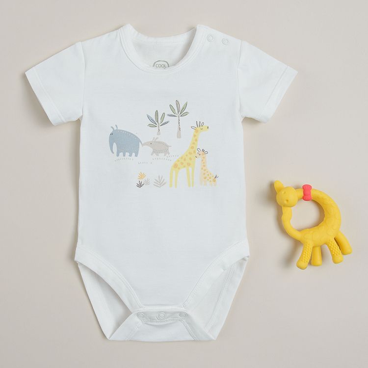 White short sleeve bodysuit with wild animals print and yellow shorts with adjustable waist