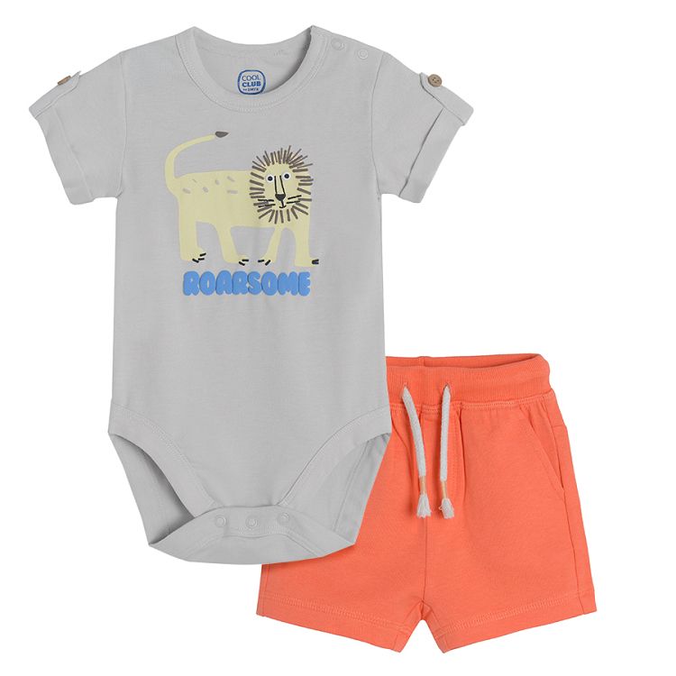 Short sleeve bodysuit with lion and "ROARSOME pring and brown shorts with adjustable waist set