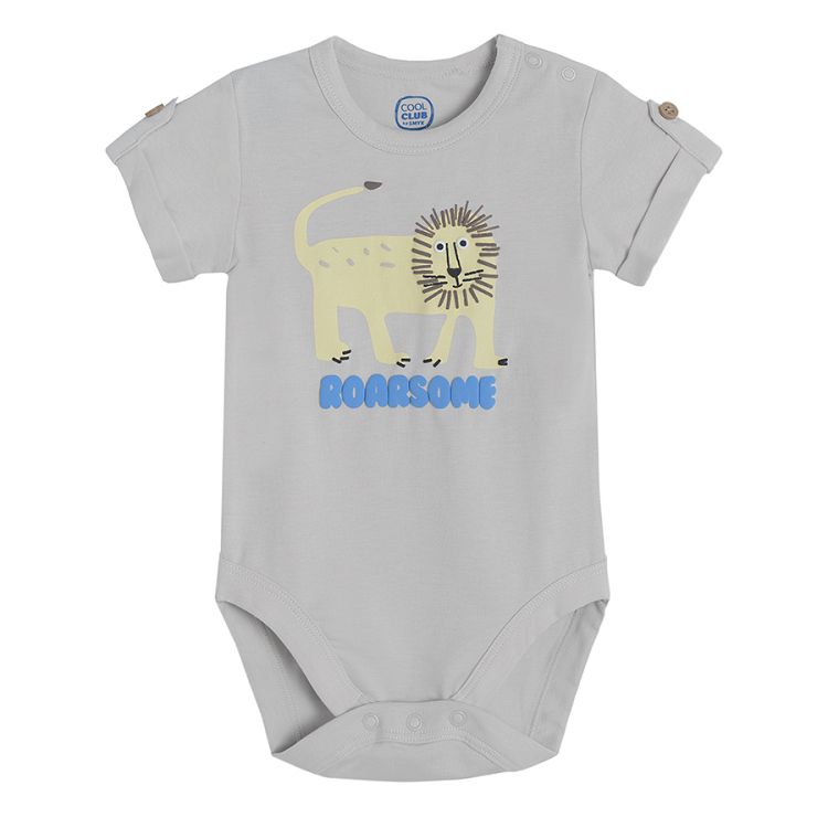 Short sleeve bodysuit with lion and "ROARSOME pring and brown shorts with adjustable waist set