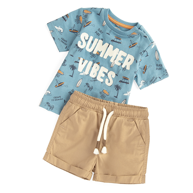 Blue T-shirt with SUMMER VIBES print and beige shorts- 2 pieces