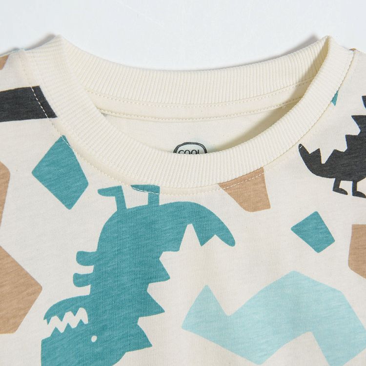 White short sleeve T-shirt with dinosaurs and shapes print