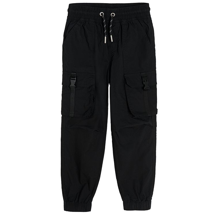 Black trousers with external pockets decorative clip and adjustable waist