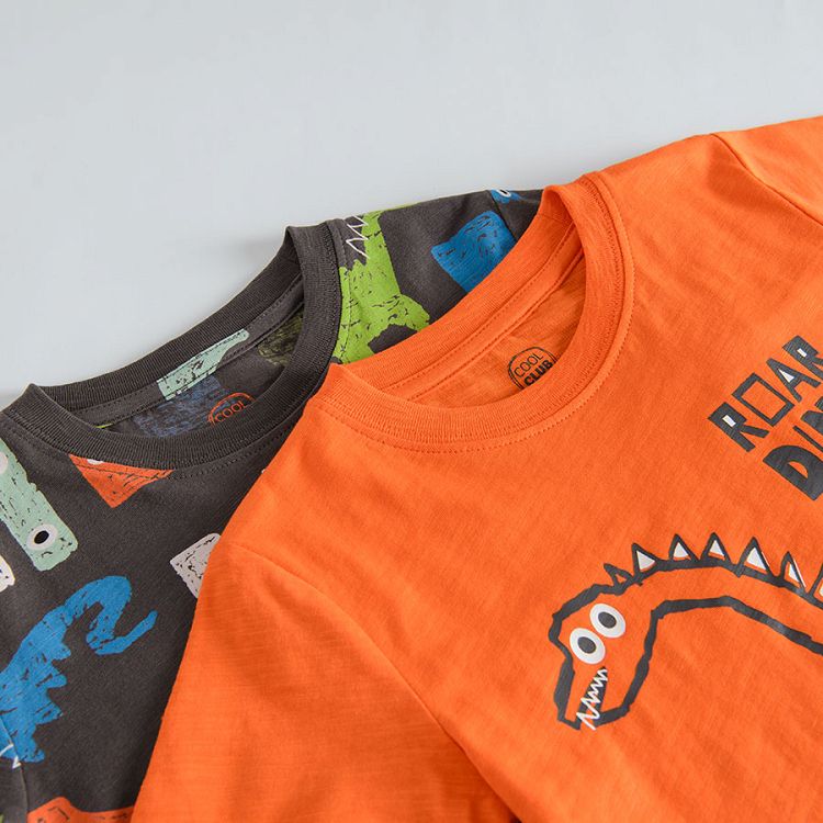Orange and black short sleeve T-shirt with dinosaurs print- 2 pack