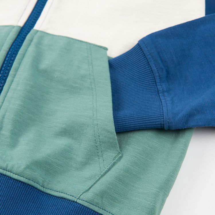 Blue white and turquoise zip through hooded sweatshirt with pockets