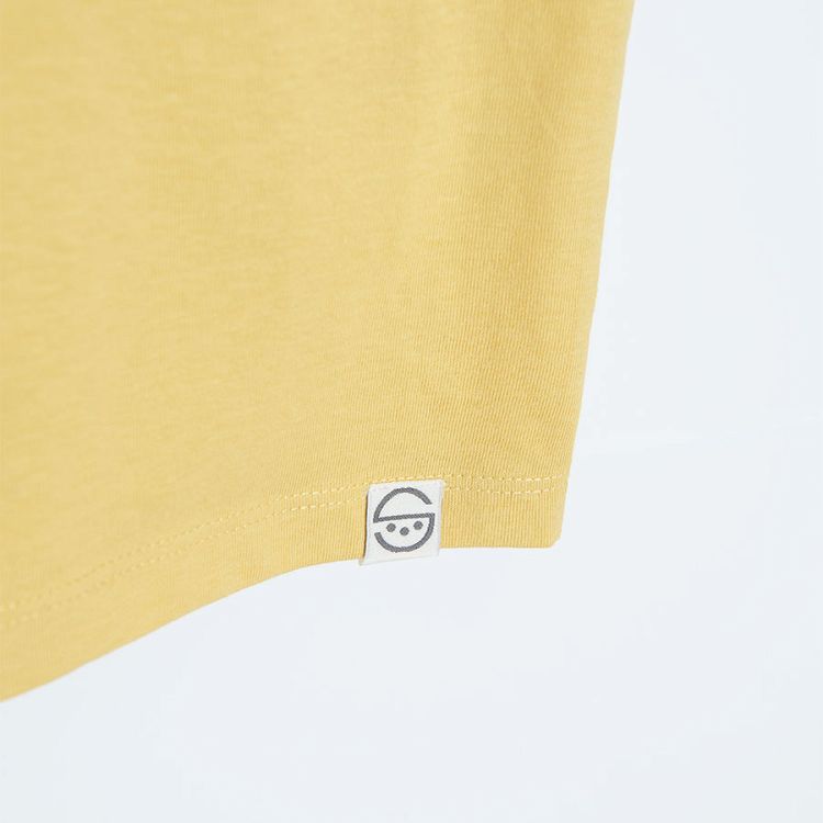 Yellow short sleeve T-shirt with bus and Lets get lost print