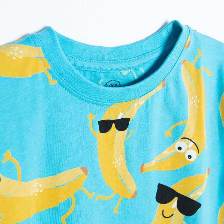 Blue short sleeve T-shirt with bananas wearing glasses print