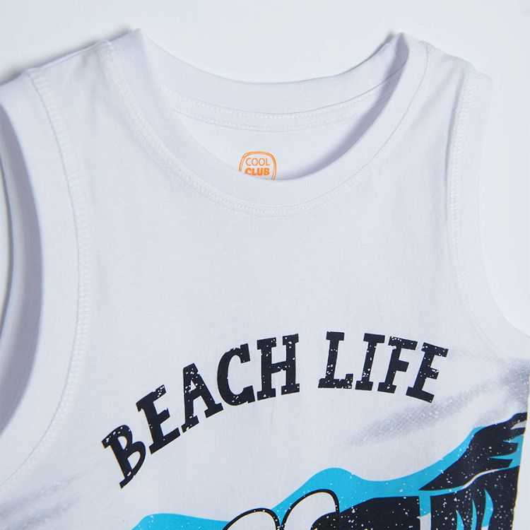 White sleeveless T-shirt with BEACH LIFE print