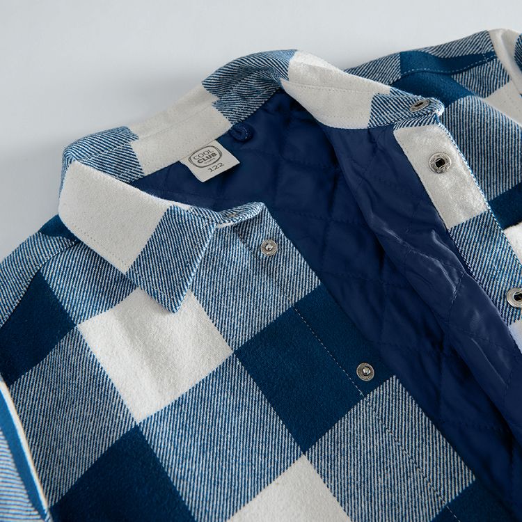 White and blue check long sleeve button down shirt