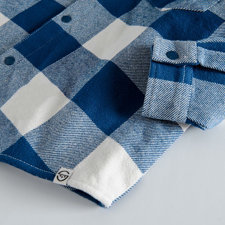 White and blue check long sleeve button down shirt