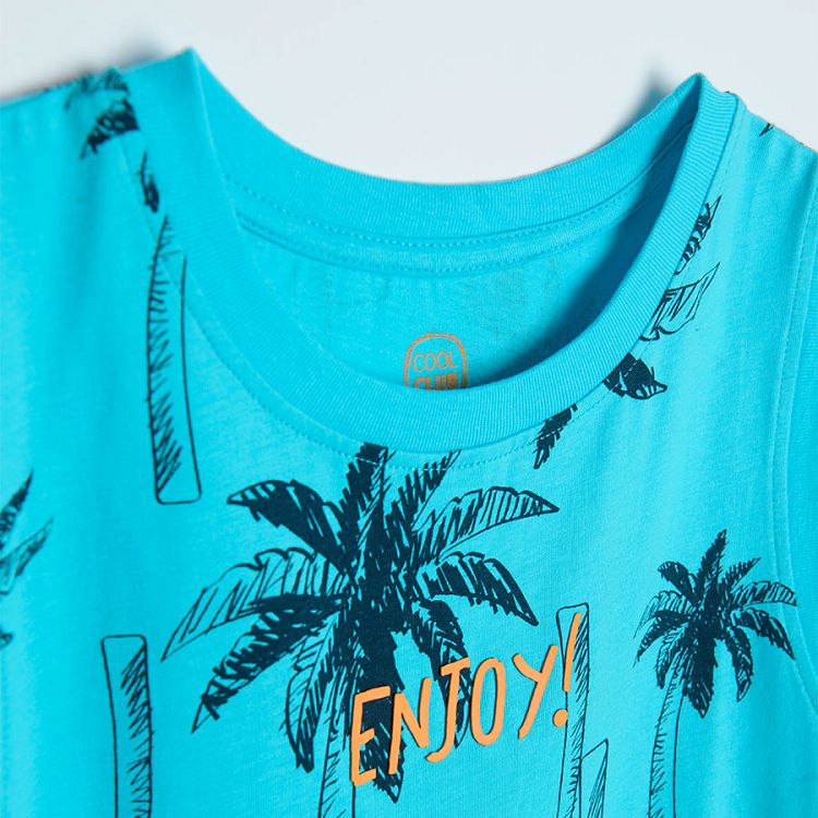 Blue sleeveless T-shirt with palm trees print