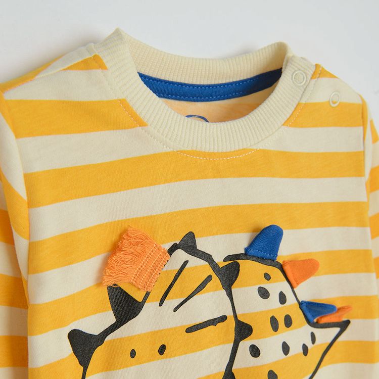 Yellow and white stripes long sleeve blouse with dinosaur print