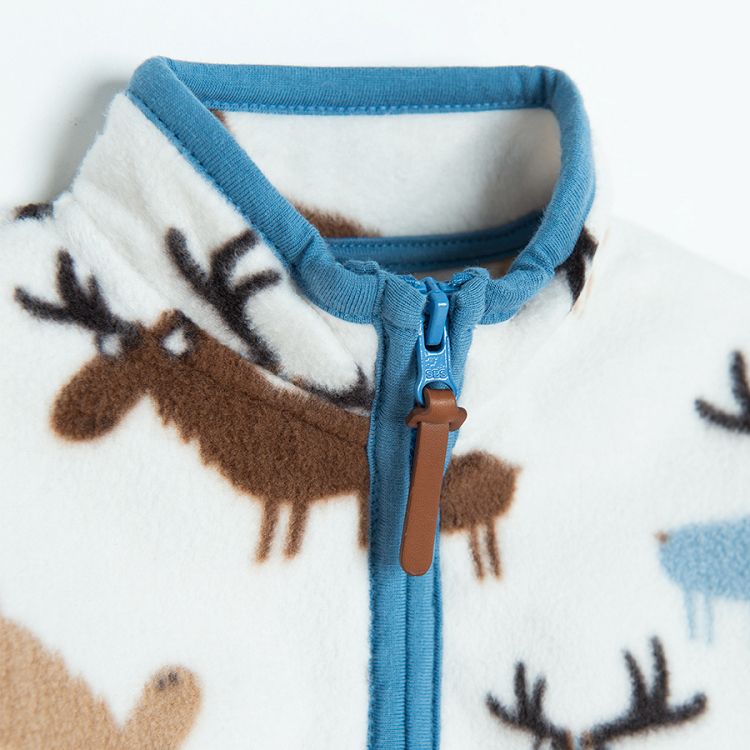 Fleece zip through jacket with deers print and blue jogging pants