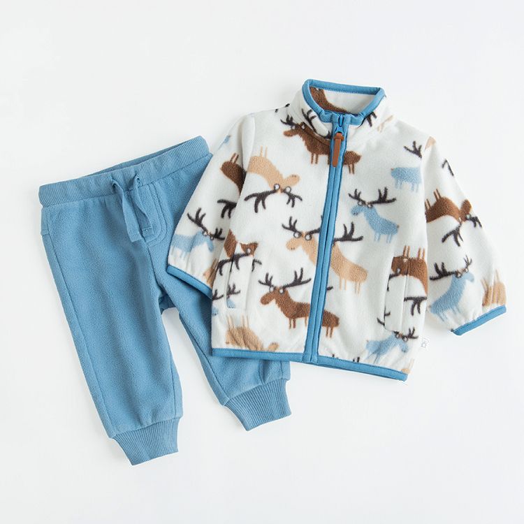 Fleece zip through jacket with deers print and blue jogging pants
