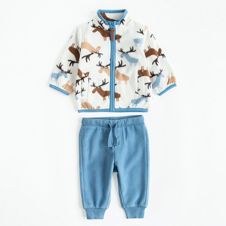 Fleece zip through jacket with deers print and blue jogging pants